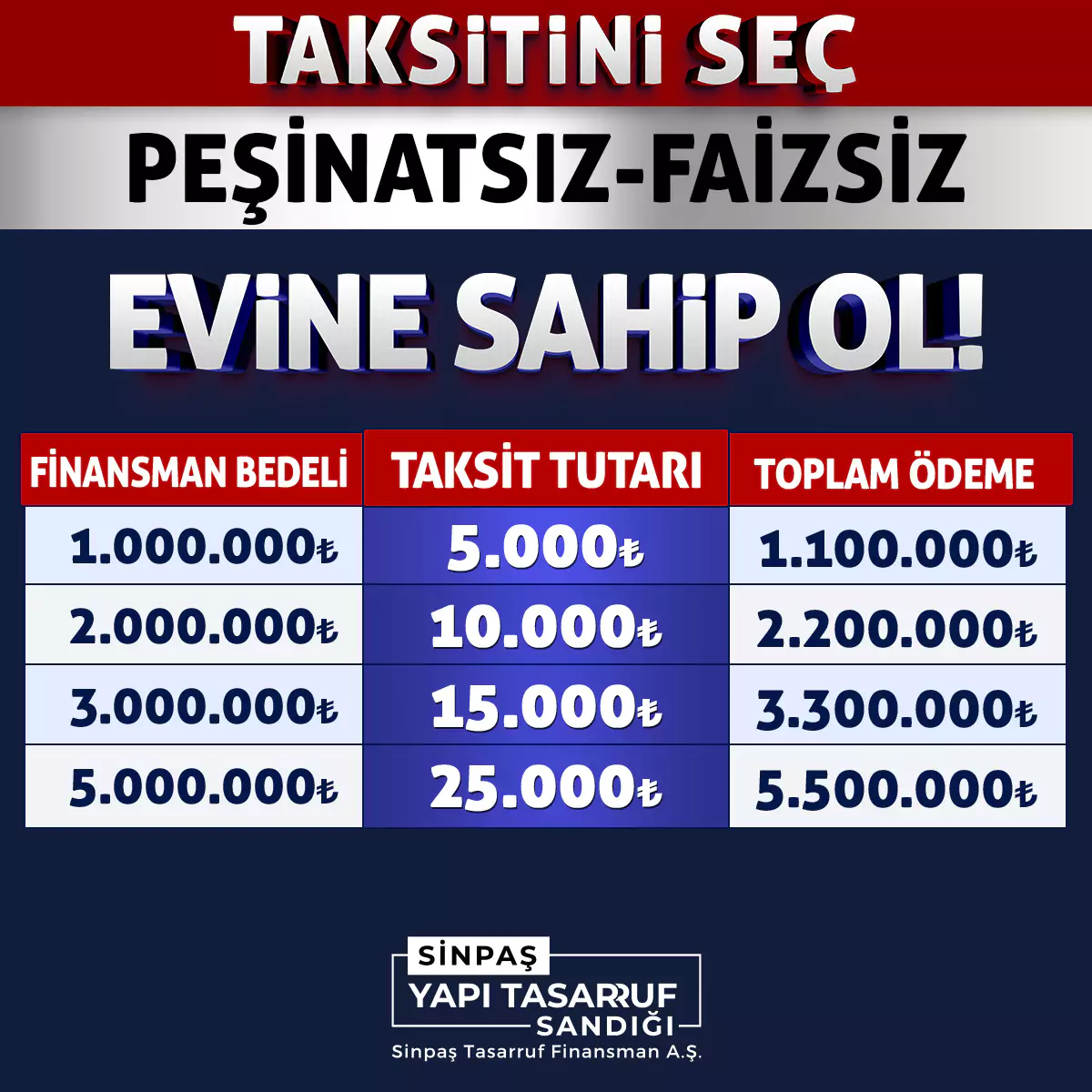Taksitini Seç! Peşinatsız, Sıfır Faizle Evine Sahip Ol!